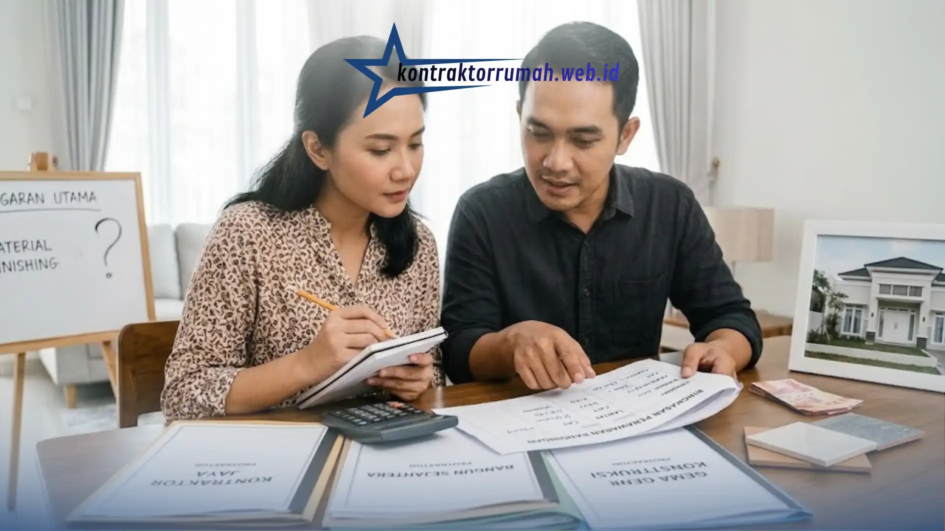 Pemilik rumah dan kontraktor memeriksa berkas kesepakatan dan kontrak kerja