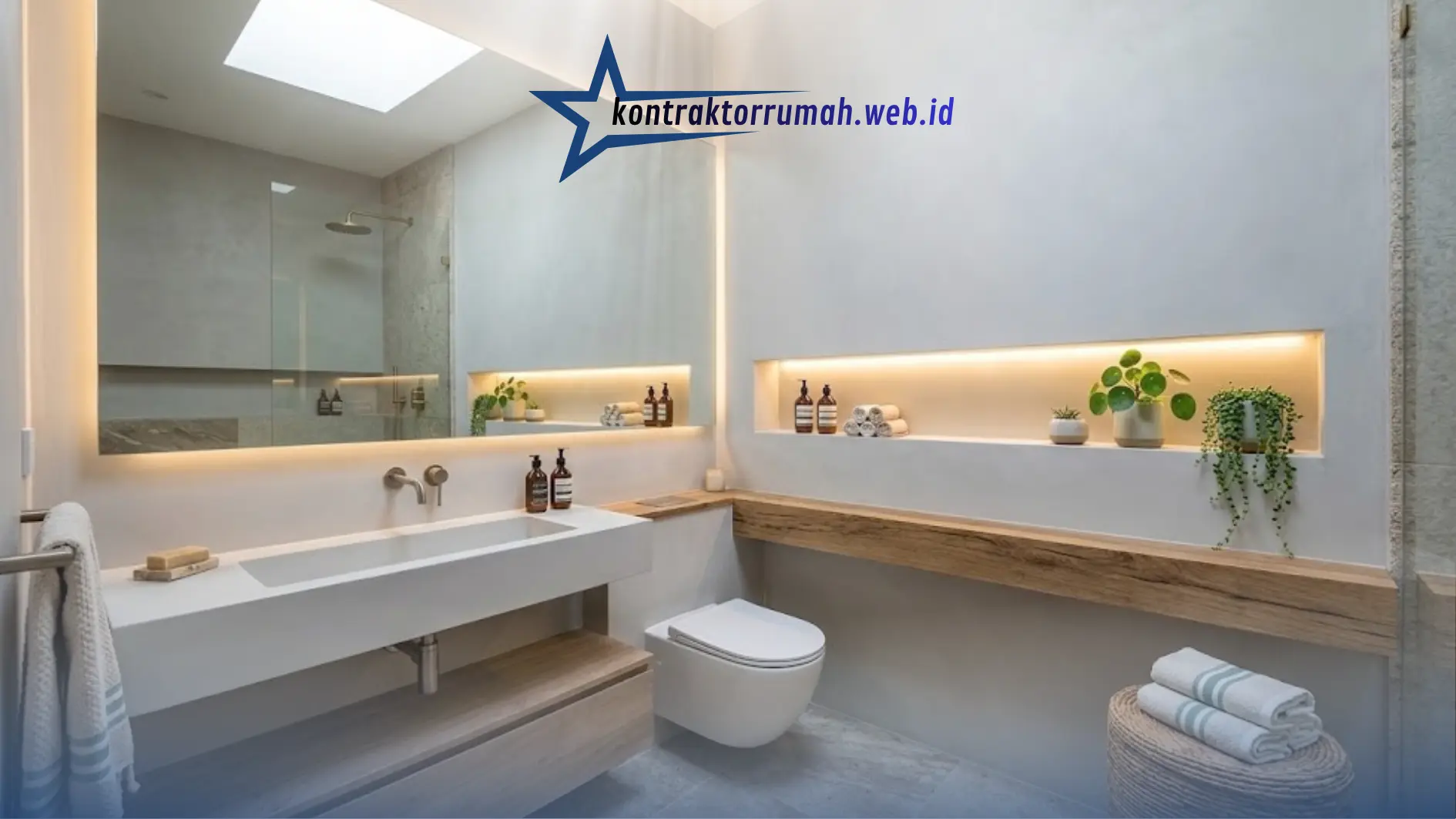 Pencahayaan LED tersembunyi dan niche dinding di kamar mandi mungil